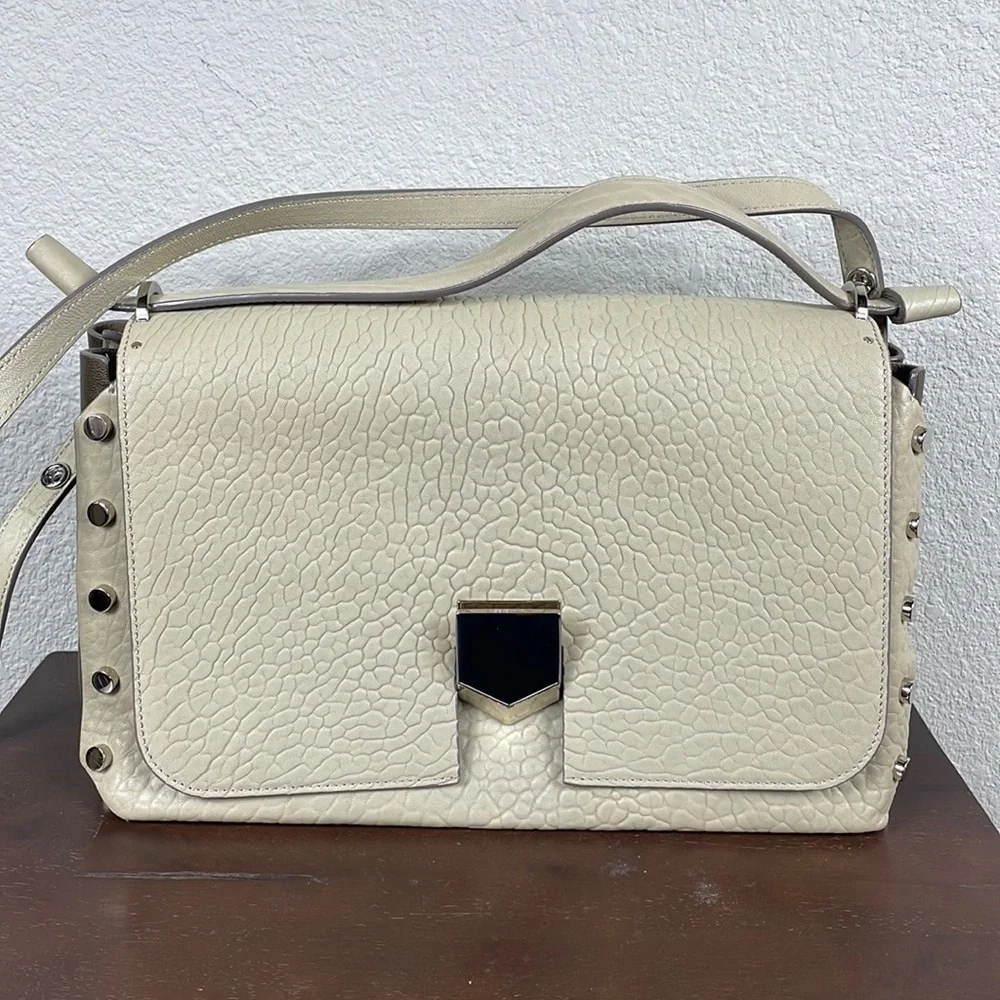 Jimmy Choo Lockett Large Shoulder Bag Hand Bag Satchel Cream Pebbled Leather